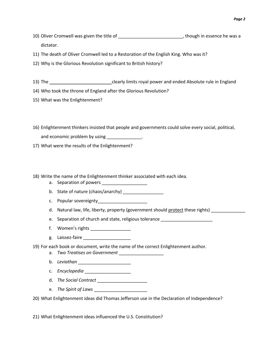 Study guide questions 10–21 cover English government, Enlightenment thinkers, and U.S. founding documents.