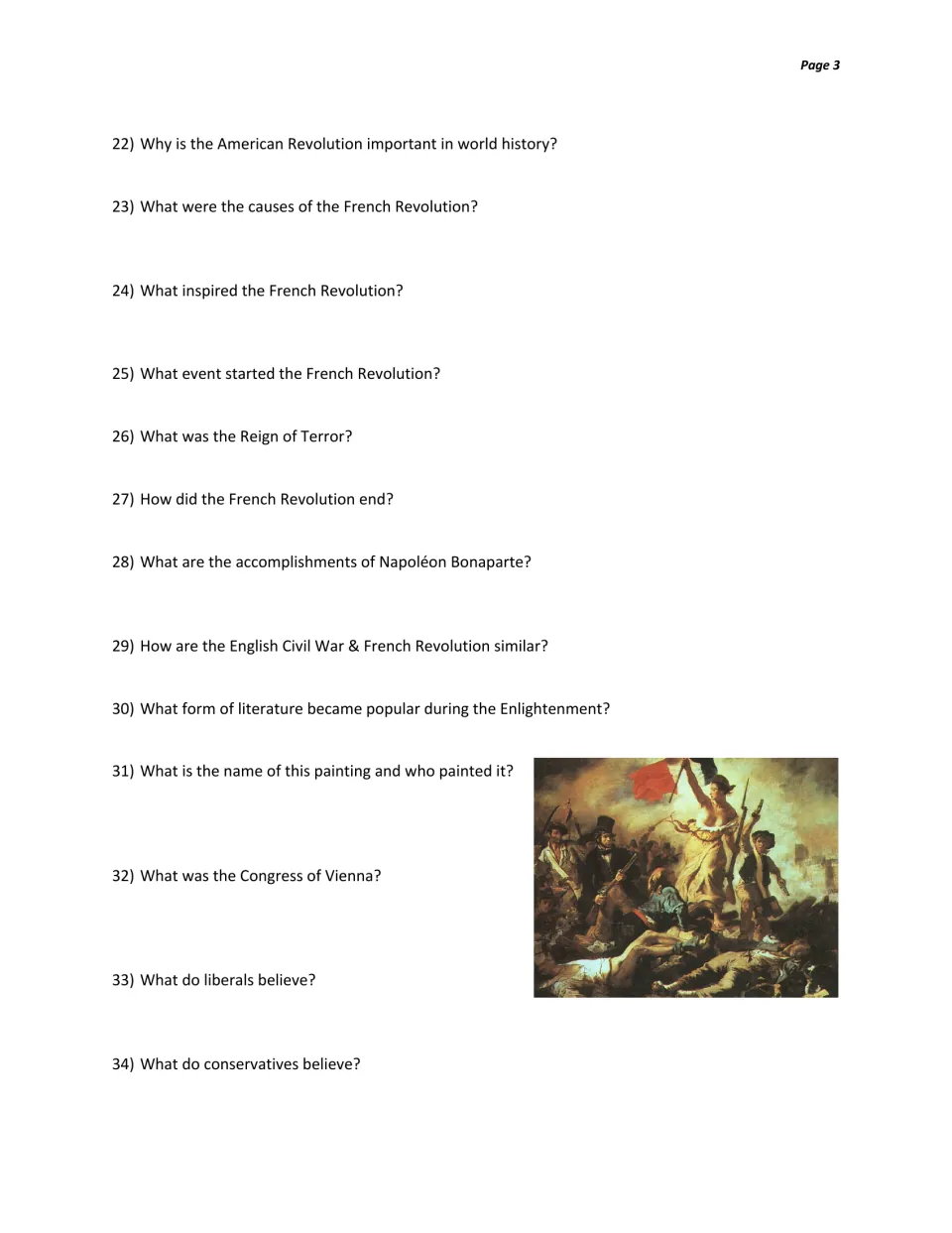 Study guide questions 22–34 cover the French Revolution, Napoleon, the Congress of Vienna, and liberalism.