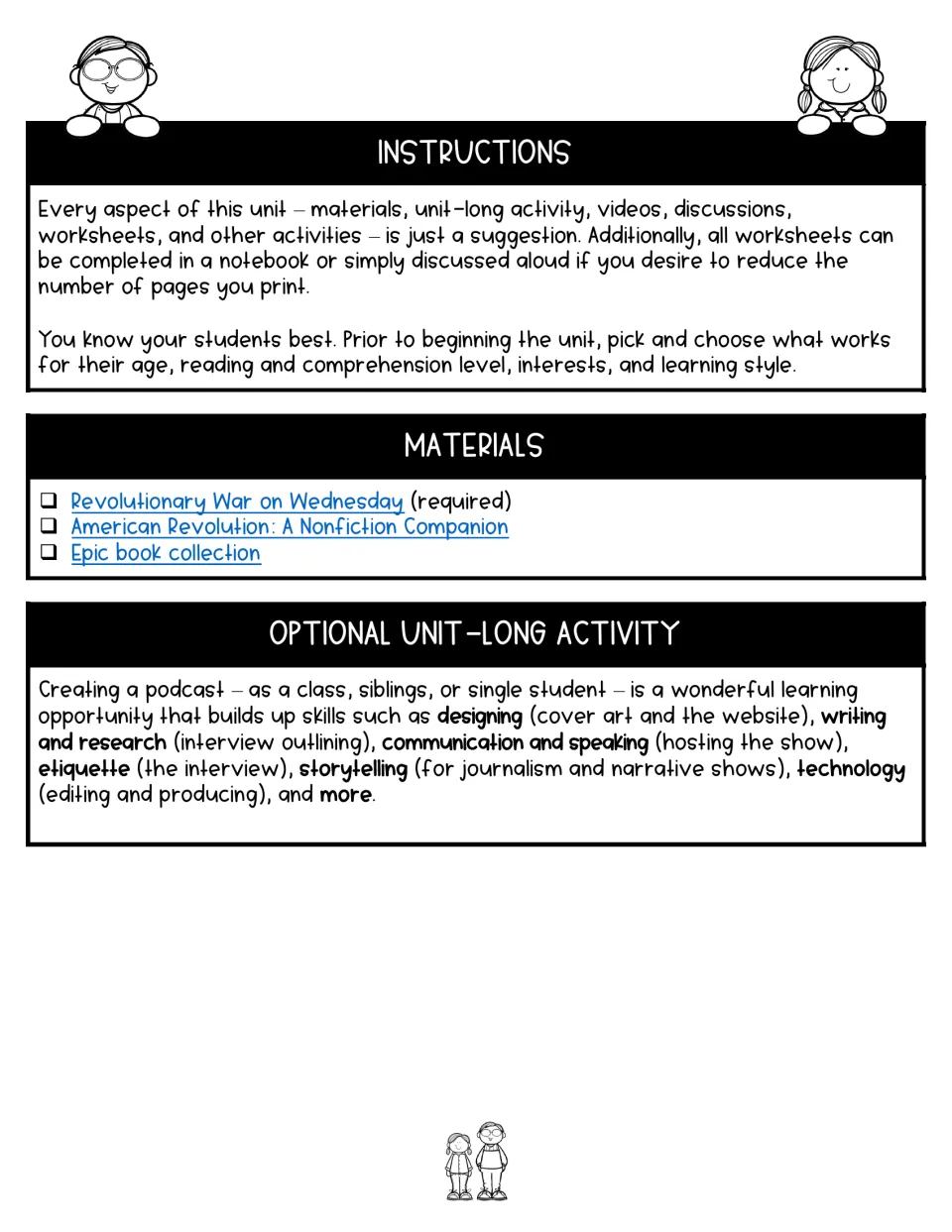 Teacher instructions, materials checklist and optional unit-long podcast activity for the book unit