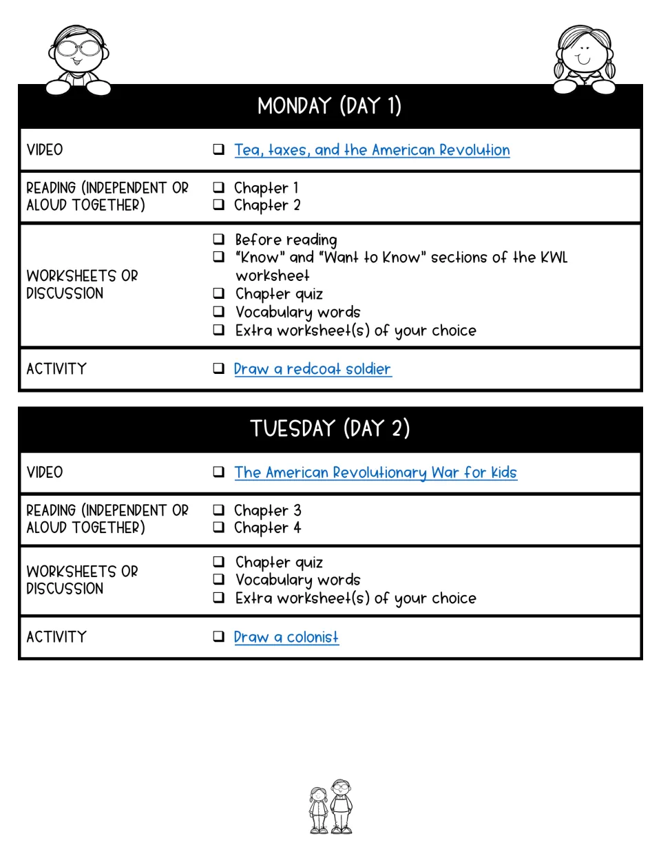 Monday and Tuesday plan: videos, chapters 1 to 4, quizzes, vocabulary, and drawing a redcoat soldier and a colonist