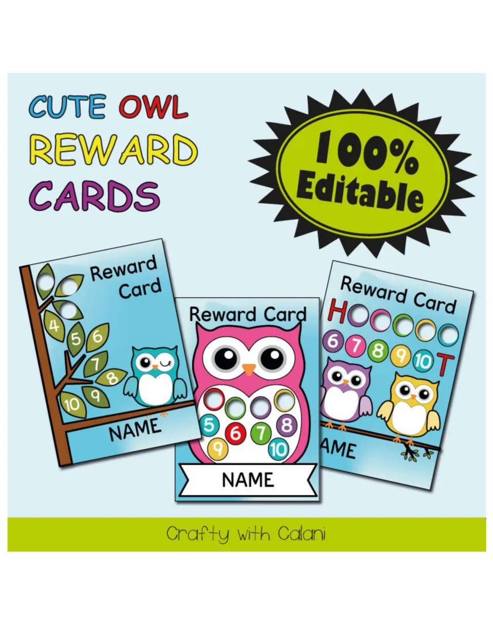 Cover of the owl reward card resource, showing three sample cards and the claim "100% Editable"