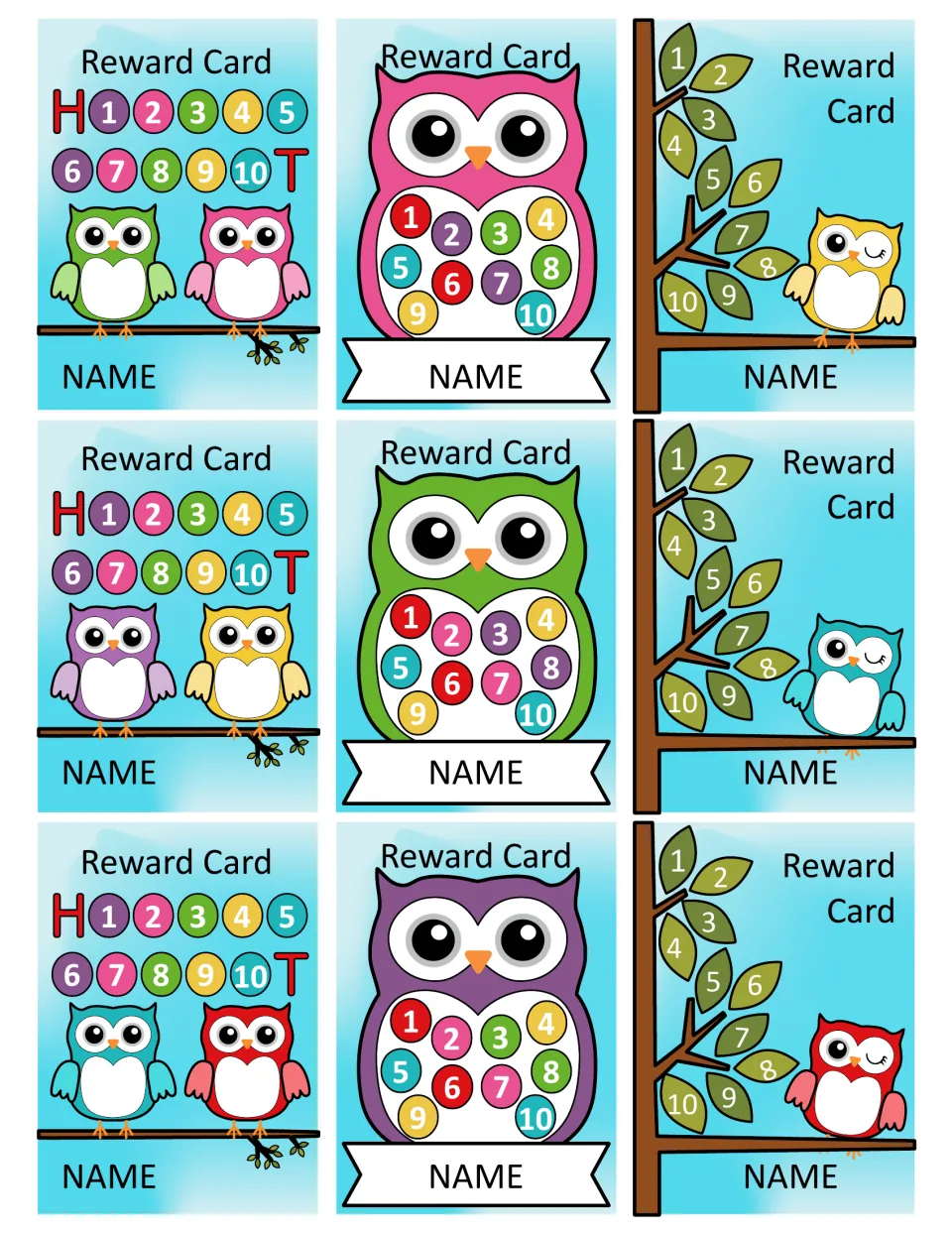 Nine owl reward cards with punch points numbered 1–10 and NAME labels, using paired owls, single owls, or trees