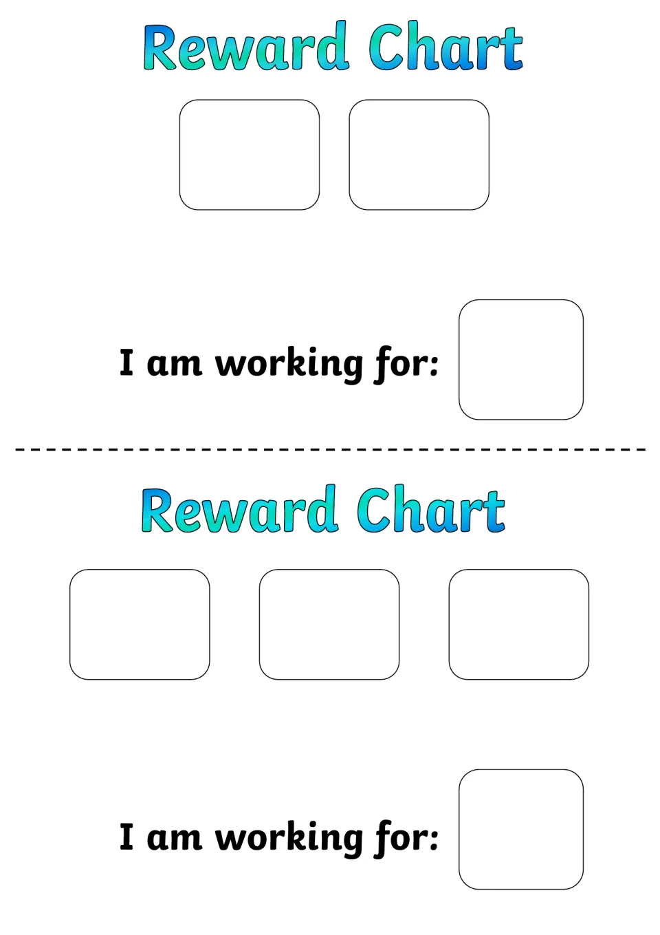 Two cut-apart token charts headed Reward Chart, with 2 and 3 token spaces and an "I am working for:" reward box