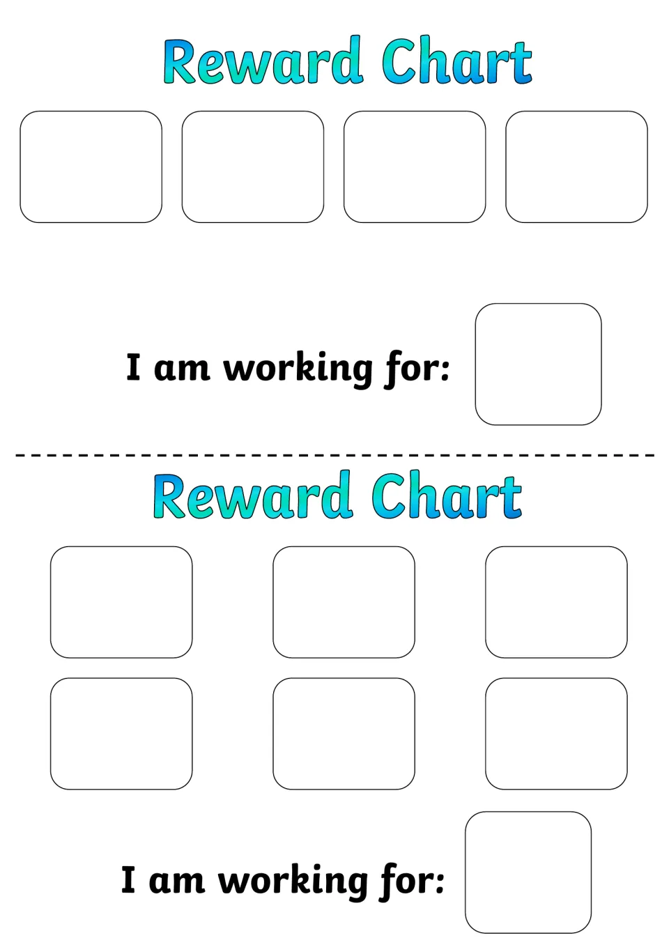 Longer token charts: one strip with 4 token spaces and one with 6, each ending in an "I am working for:" box for the reward