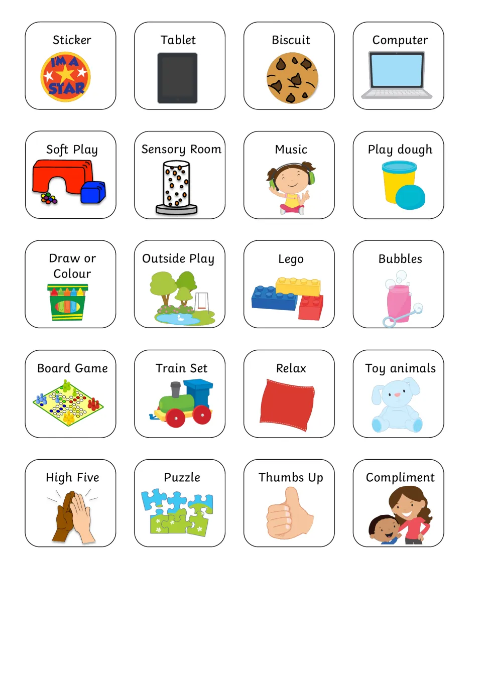 20 picture reward cards to place in the working-for box, such as Sticker, Tablet, Lego, Bubbles, High Five and Puzzle