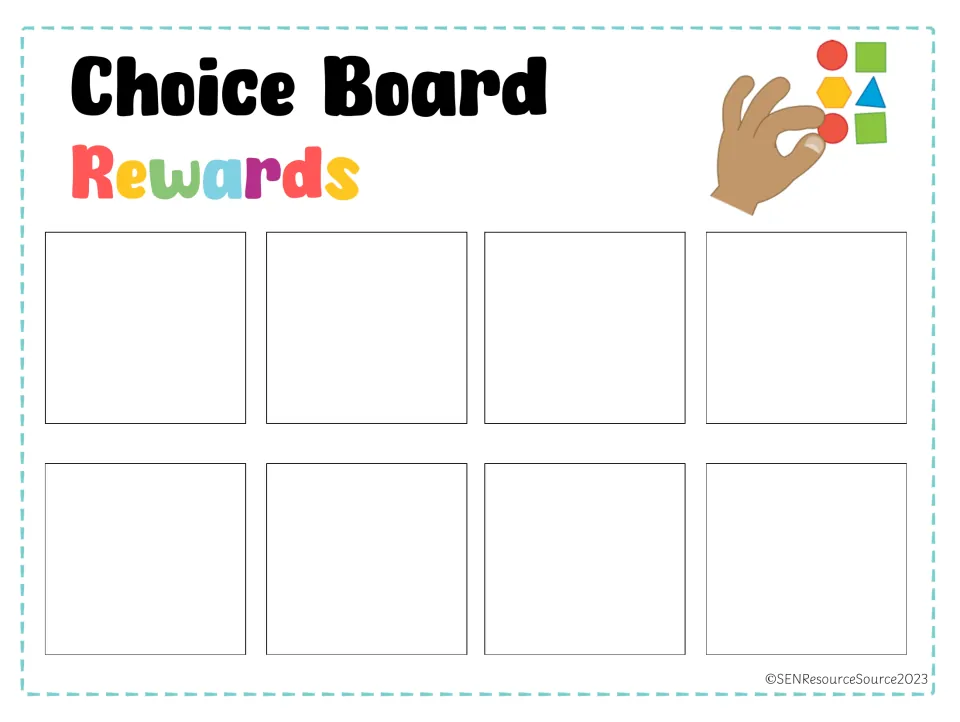 Rewards choice board with eight empty spaces where students choose a reward by placing a picture card on the board
