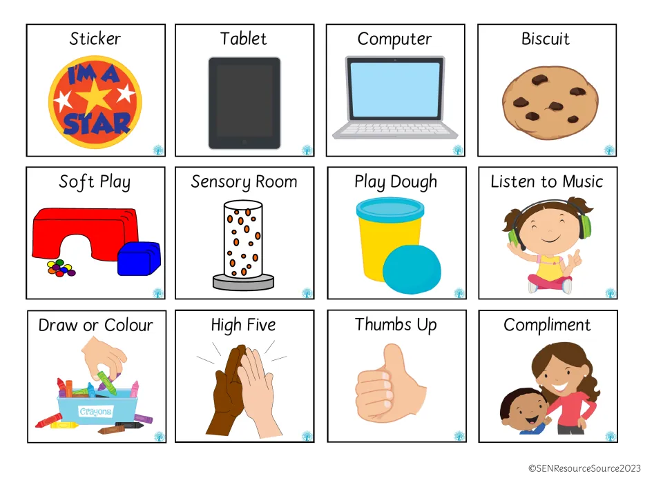 Reward picture cards: sticker, tablet, computer, biscuit, soft play, sensory room, play dough, music, crayons and more