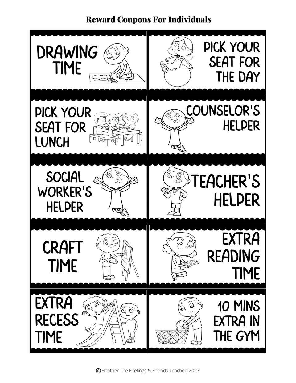 Black-and-white coupons: drawing time, pick your seat, helper roles, craft time, extra reading and recess time, gym time