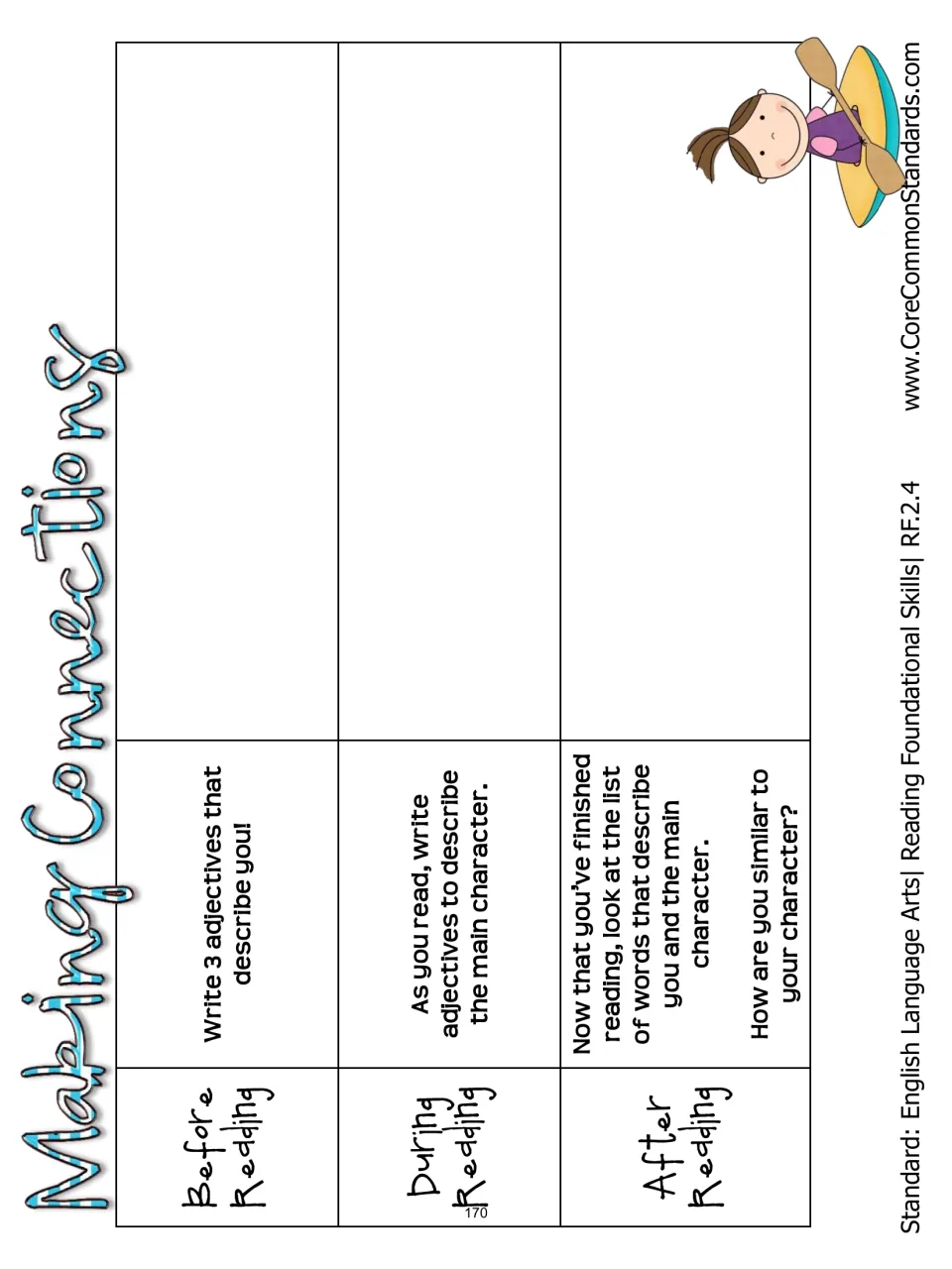 Making Connections organizer asks for adjectives describing the reader and main character, then similarities