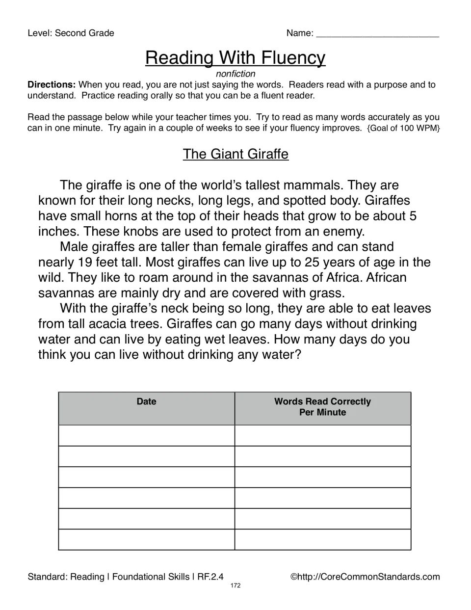 The Giant Giraffe nonfiction fluency passage describes giraffes and includes a dated words-correct record