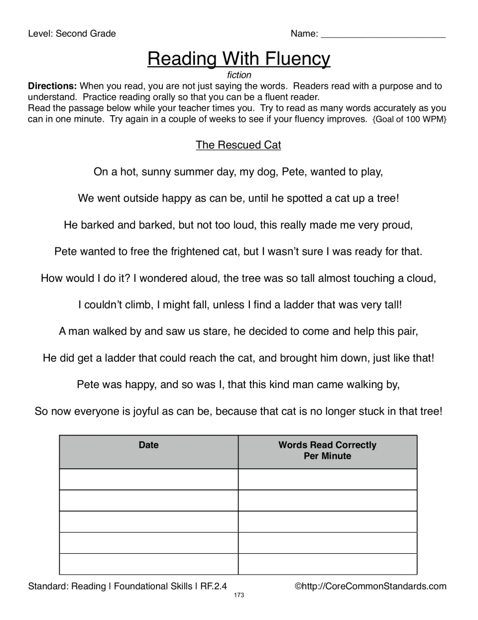 The Rescued Cat fiction fluency passage tells a rhyming rescue story and includes a dated words-correct record