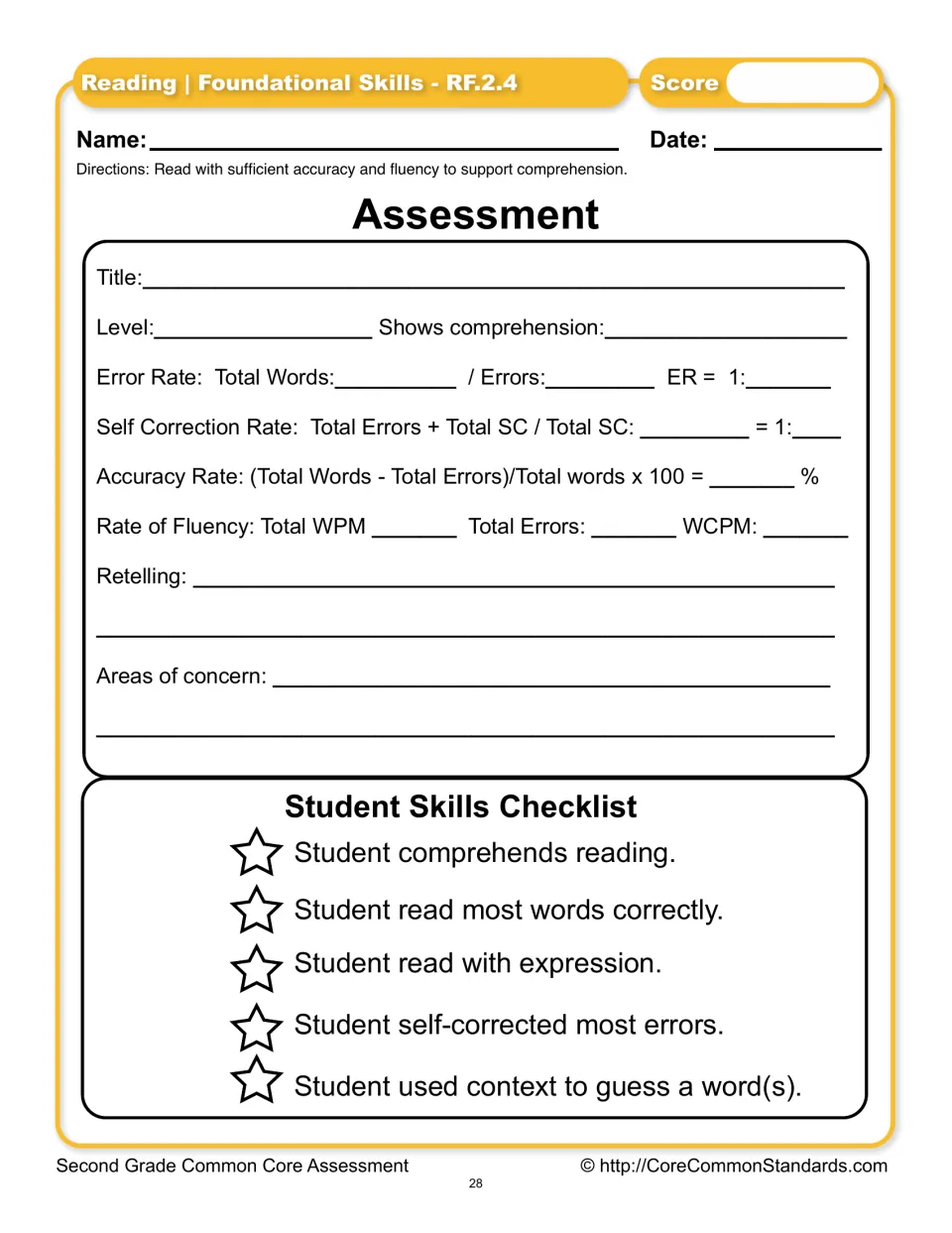 Reading assessment form records errors, self-correction, accuracy, fluency, retelling, and a skills checklist