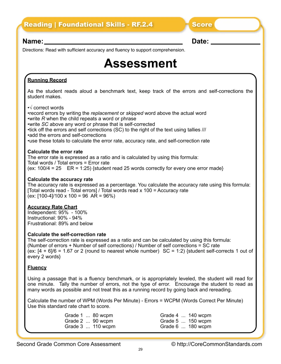 Assessment instructions explain running records, error and accuracy rates, self-correction, and fluency scoring