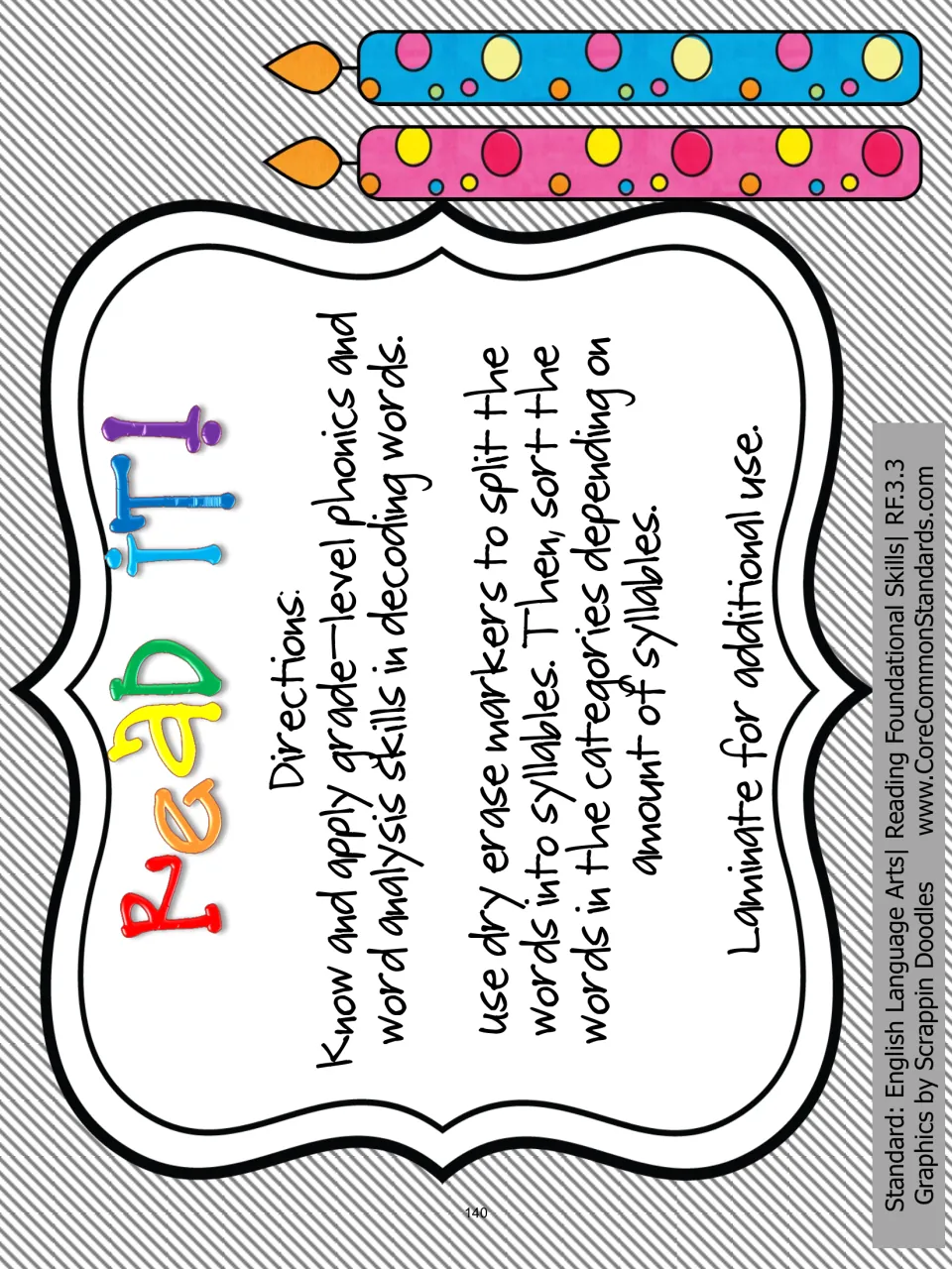 Read It! directions tell students to mark syllable divisions on word cards, then sort words by syllable count