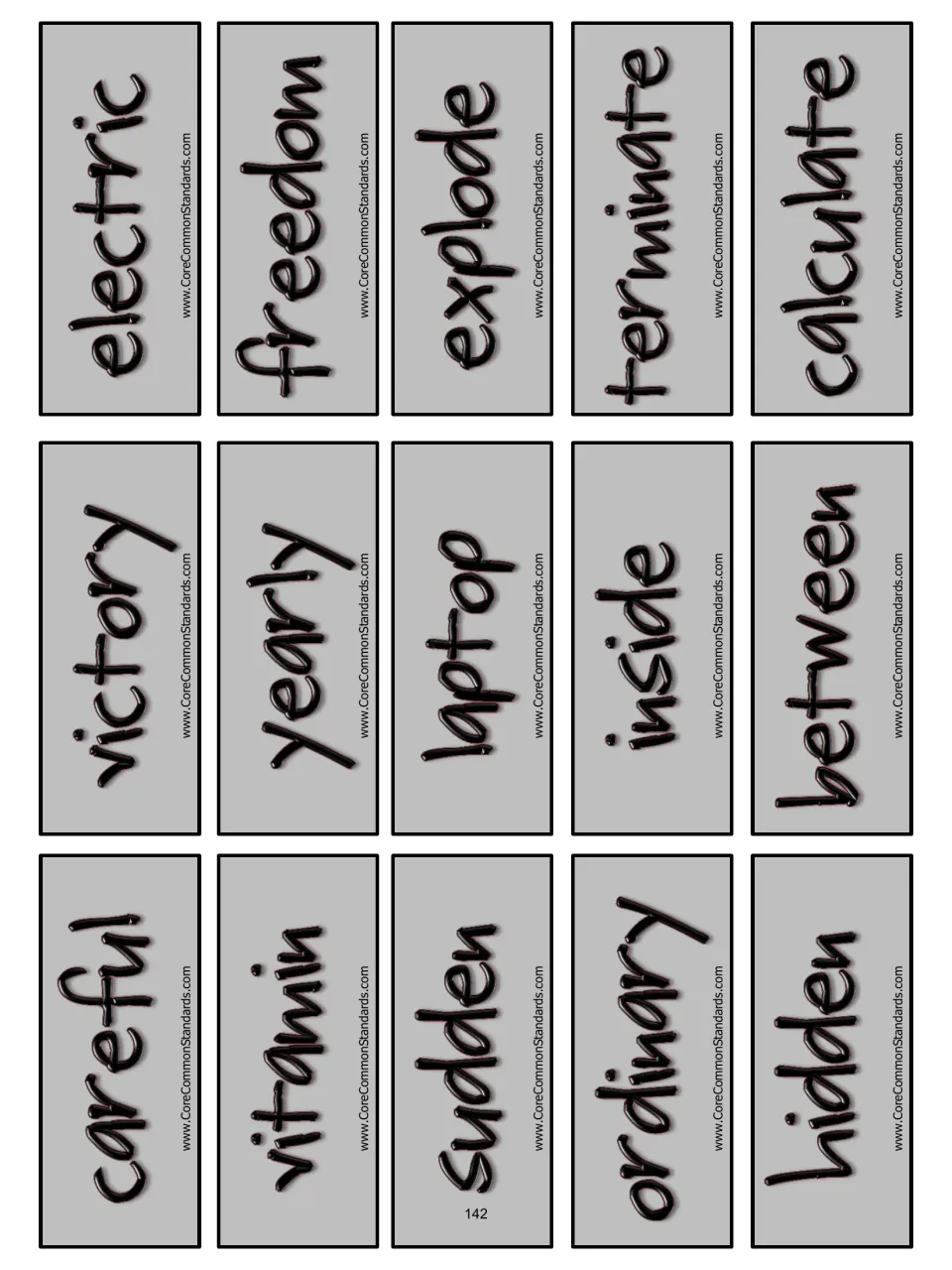 Syllable-sort word cards 16–30 include careful, victory, electric, vitamin, yearly, freedom and calculate