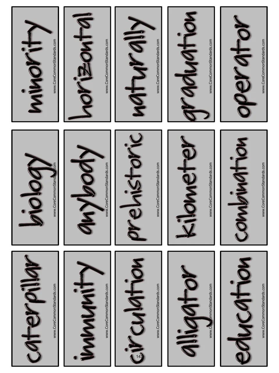 Syllable-sort word cards 31–45 include caterpillar, biology, minority, immunity, horizontal and graduation