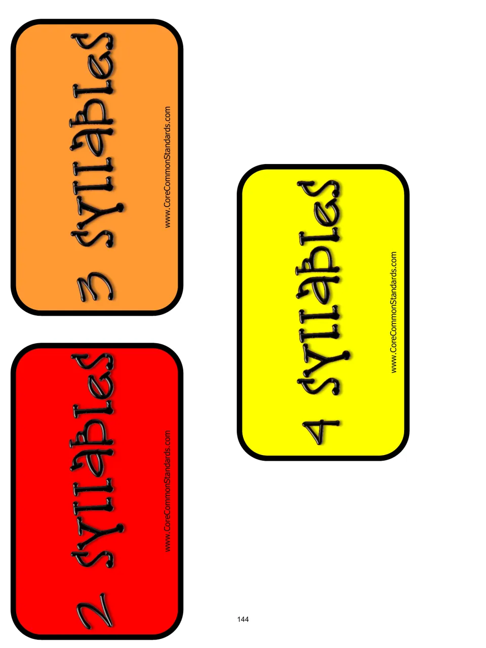 Three category labels reading 2 syllables, 3 syllables and 4 syllables for sorting the Read It! word cards