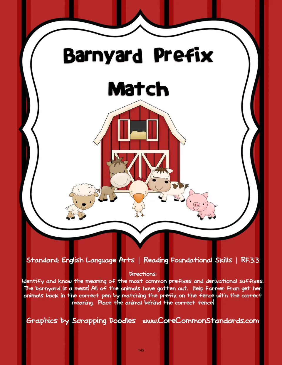 Barnyard Prefix Match directions explain matching prefixes on fence cards to meanings on animal pieces