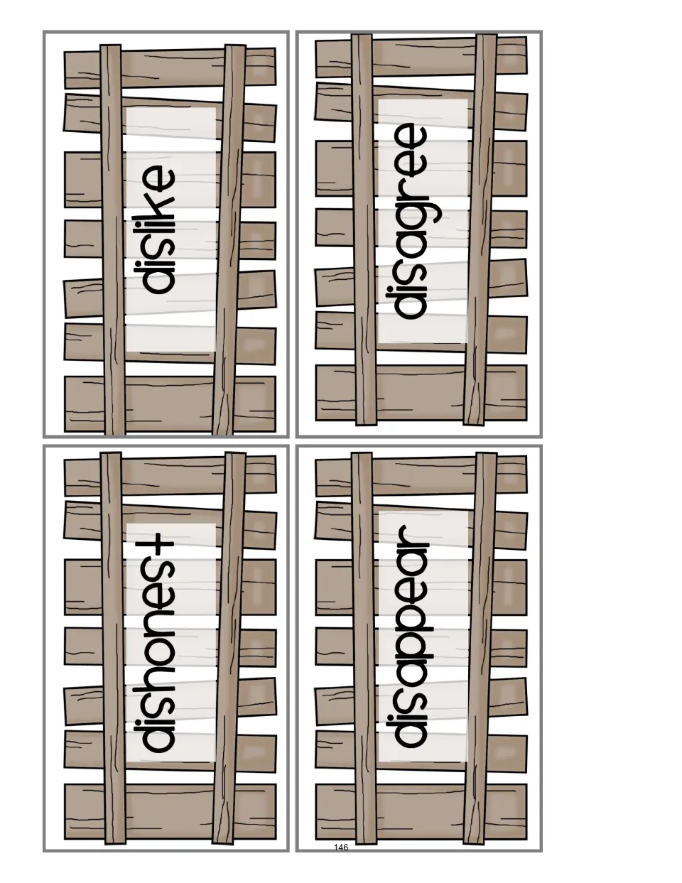 Barnyard Prefix Match fence cards show dishonest, dislike, disappear and disagree for prefix-meaning matches