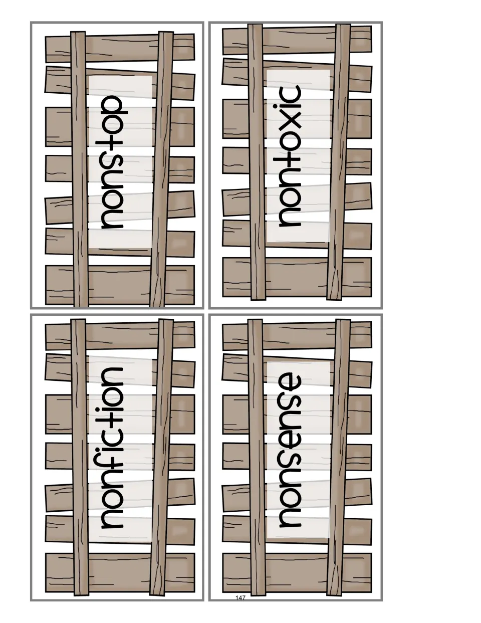 Barnyard Prefix Match fence cards show nonfiction, nonstop, nonsense and nontoxic for prefix-meaning matches