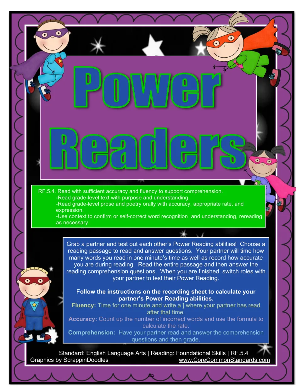 Power Readers directions for partner reading: time one minute, record errors, and answer comprehension questions