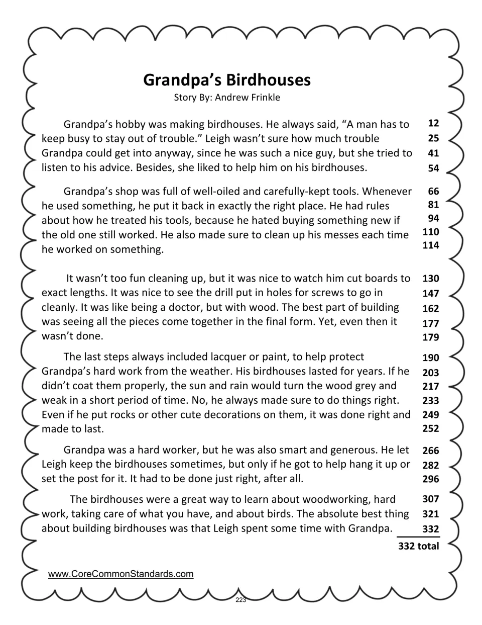 Grandpa’s Birdhouses fluency passage about Leigh helping her grandfather build birdhouses, totaling 332 words
