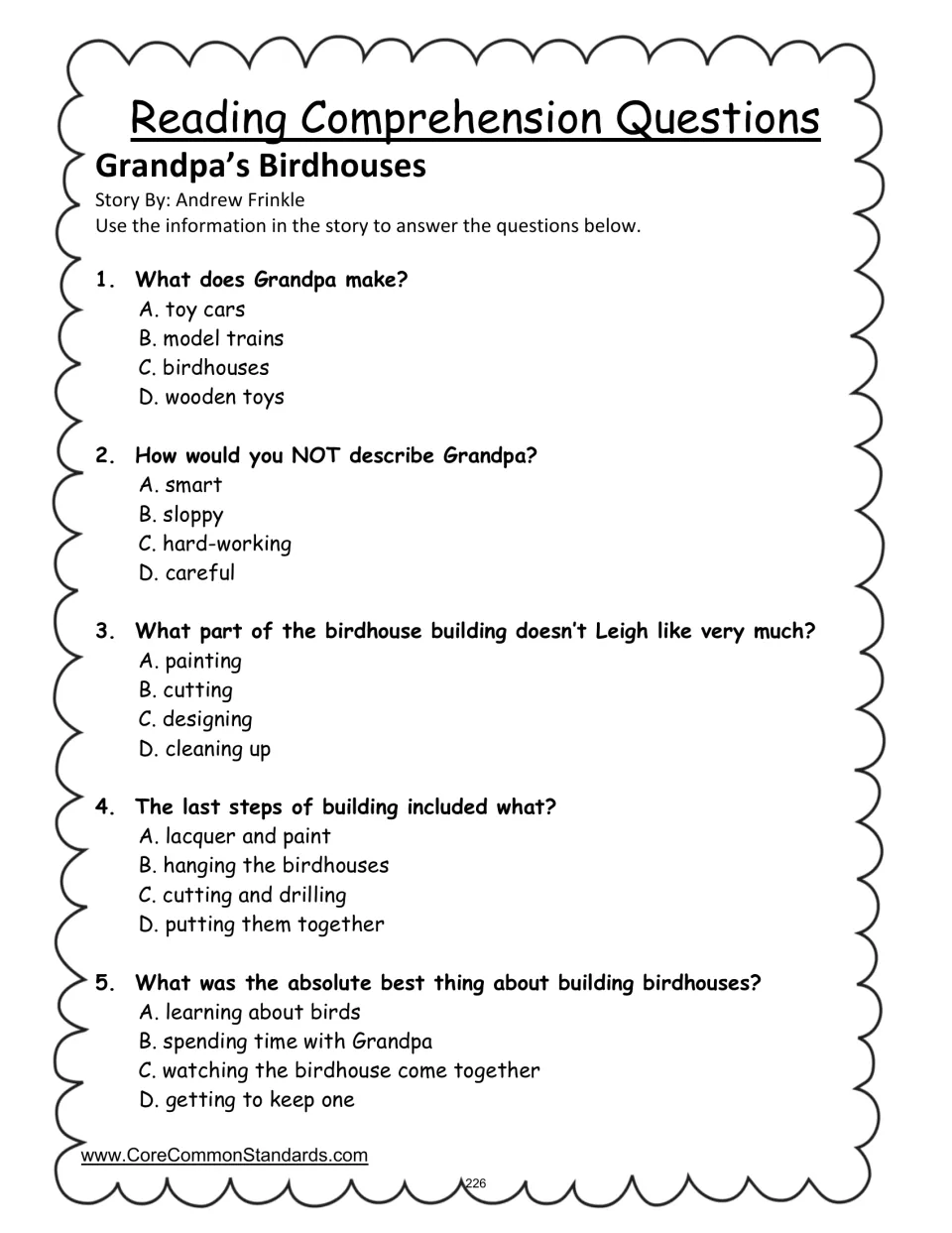 Grandpa’s Birdhouses comprehension check: five multiple-choice questions about Grandpa and building birdhouses