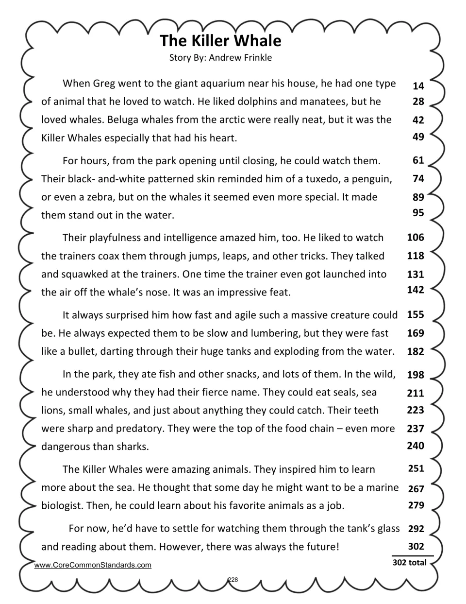 The Killer Whale fluency passage about Greg watching aquarium whales and his interest in marine biology, 302 words