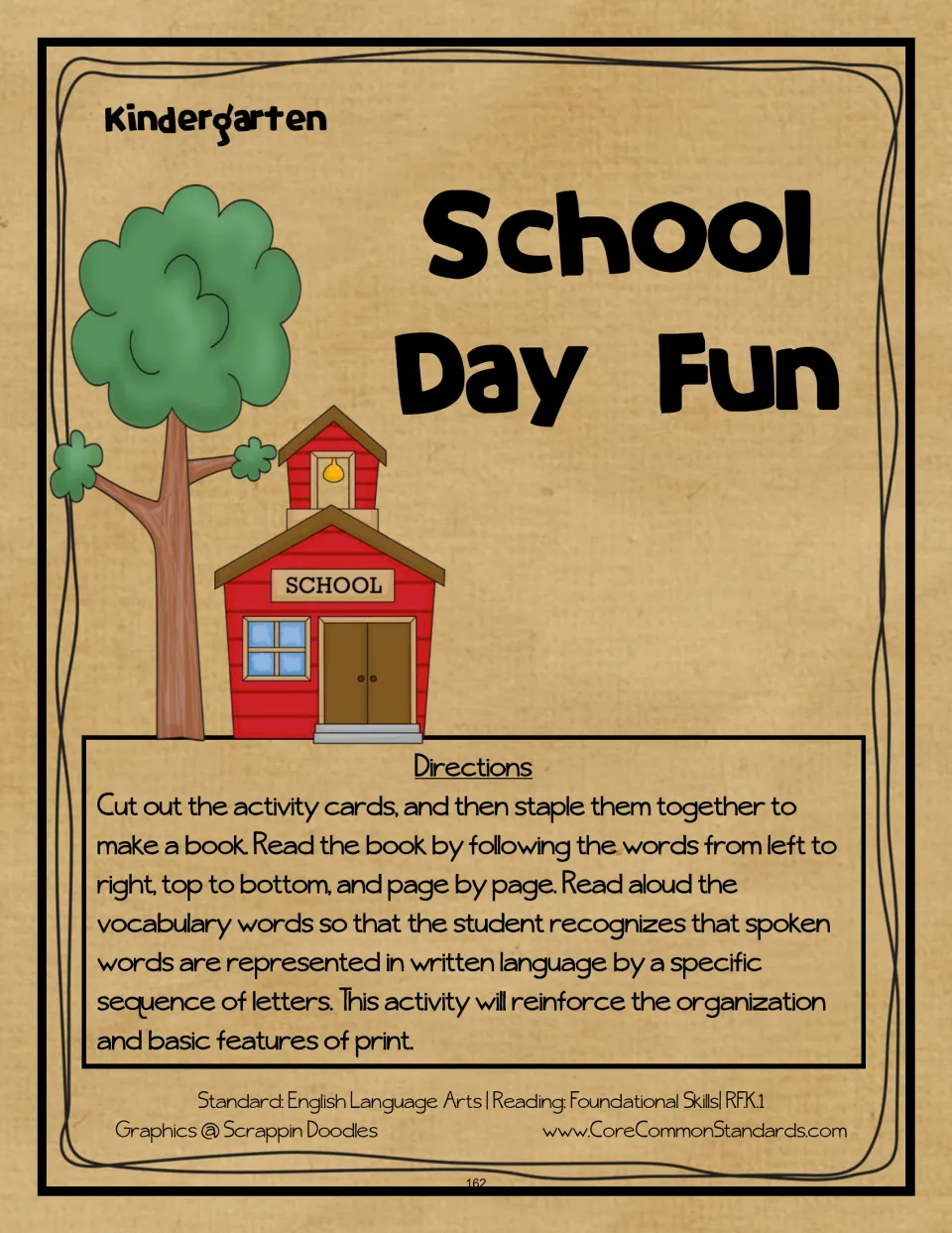 School Day Fun directions explain cutting and stapling activity cards into a book and reading words in order