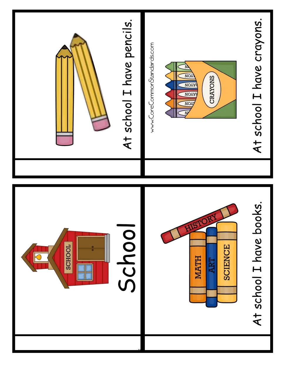Four school mini book cards: the School title and sentences naming pencils, books, and crayons, with pictures