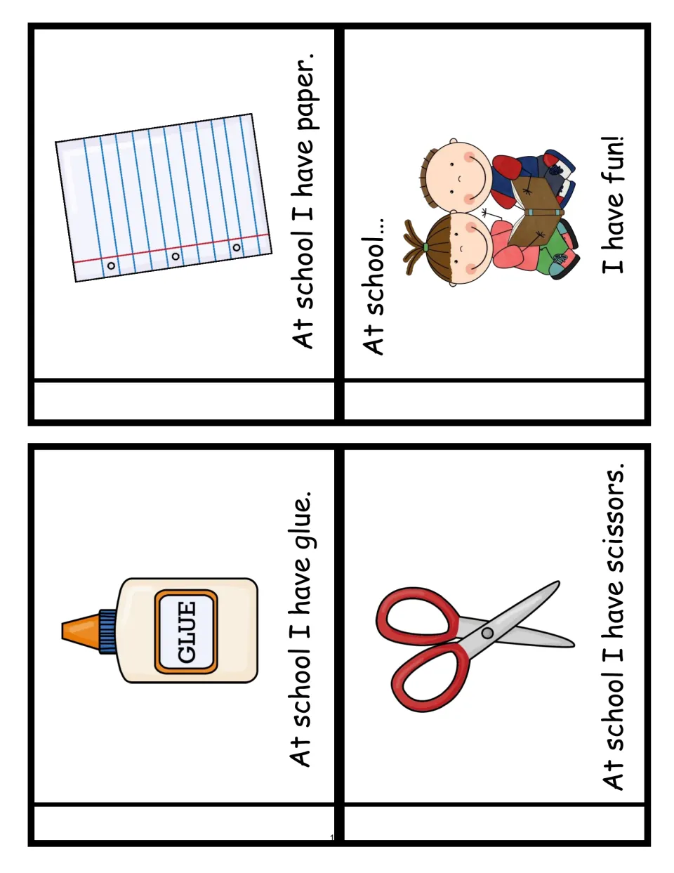 Four school mini book cards show glue, paper, scissors, and children reading, ending with 'I have fun!'