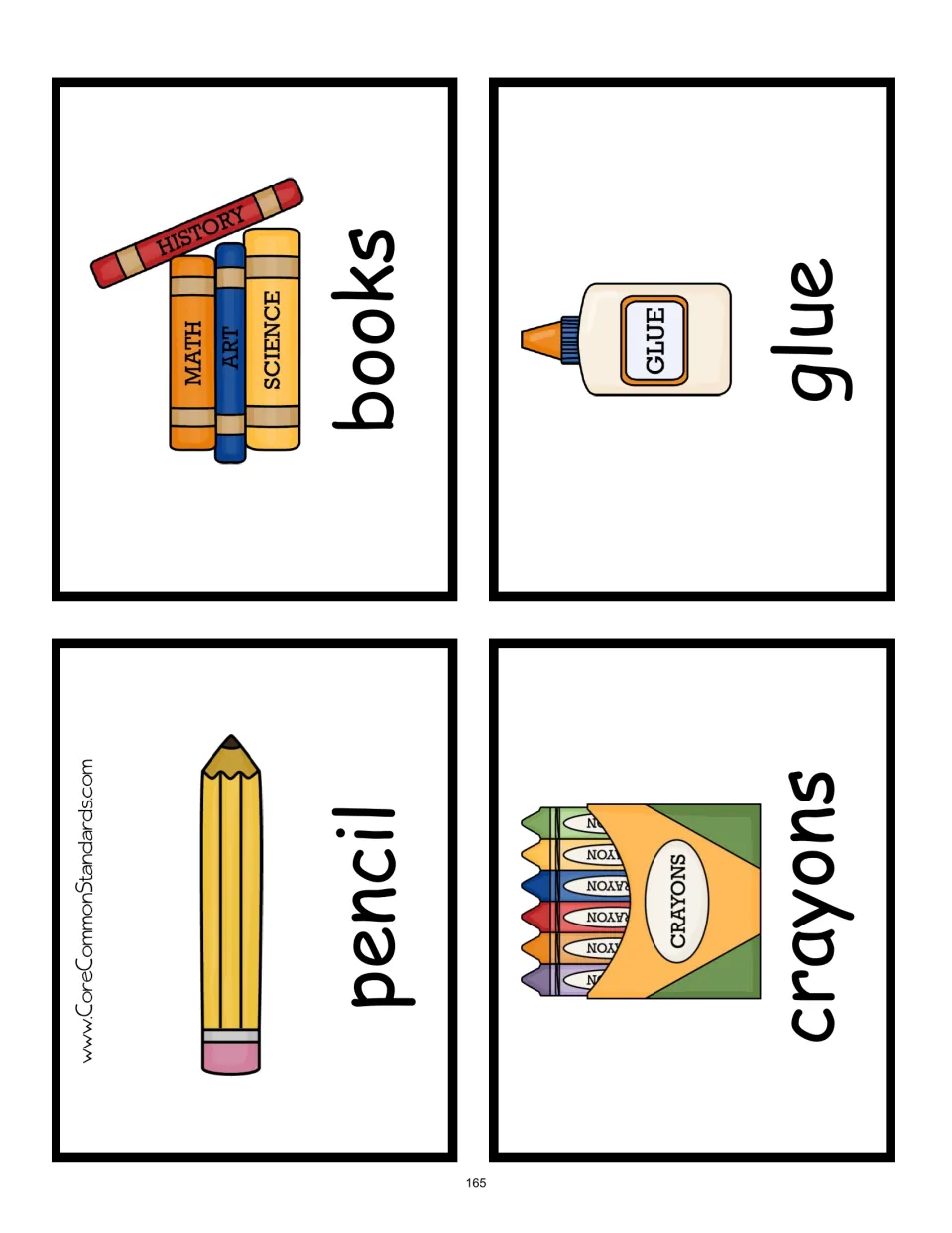Four picture vocabulary cards accompanying the school mini book label a pencil, books, crayons, and glue