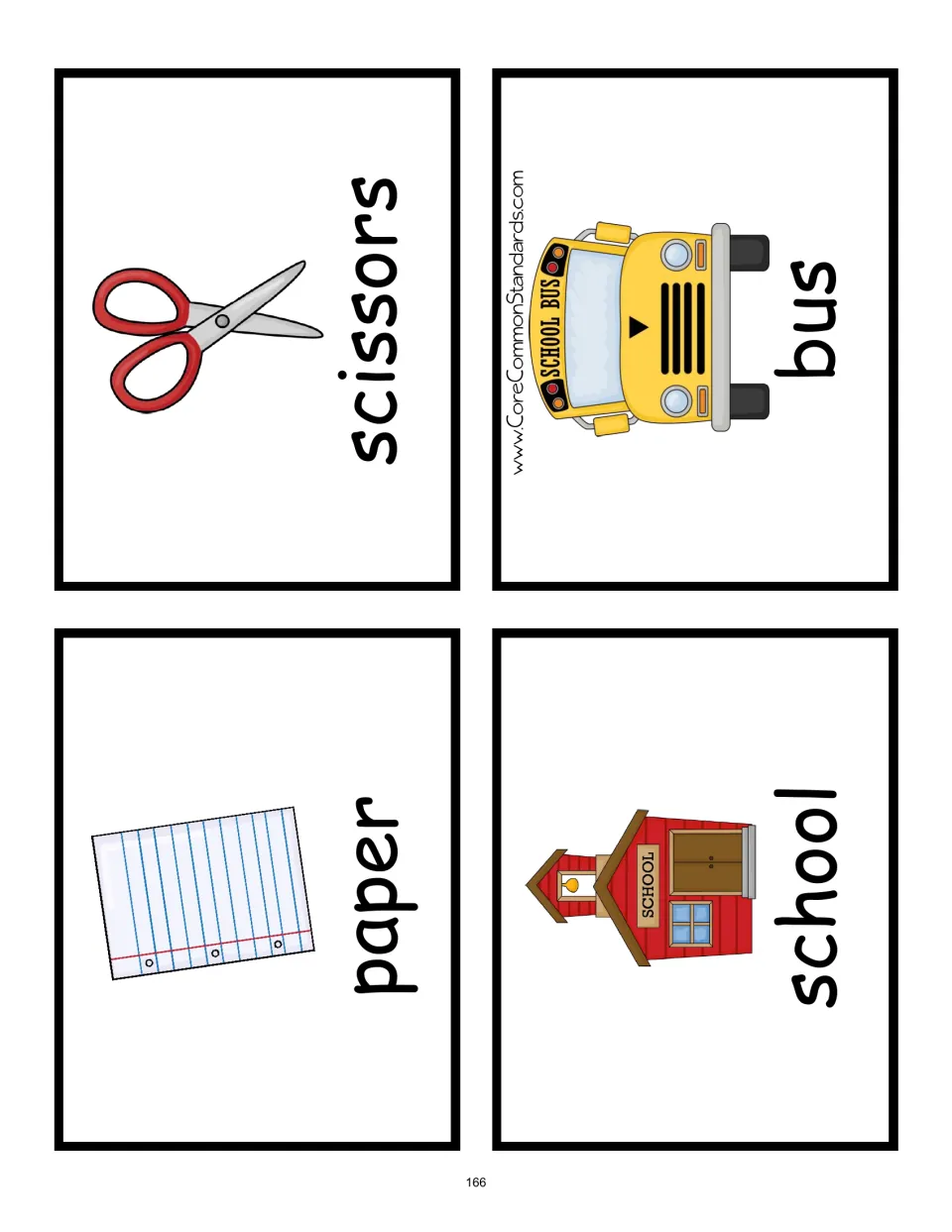 Four picture vocabulary cards accompanying the school mini book label paper, scissors, school, and a bus