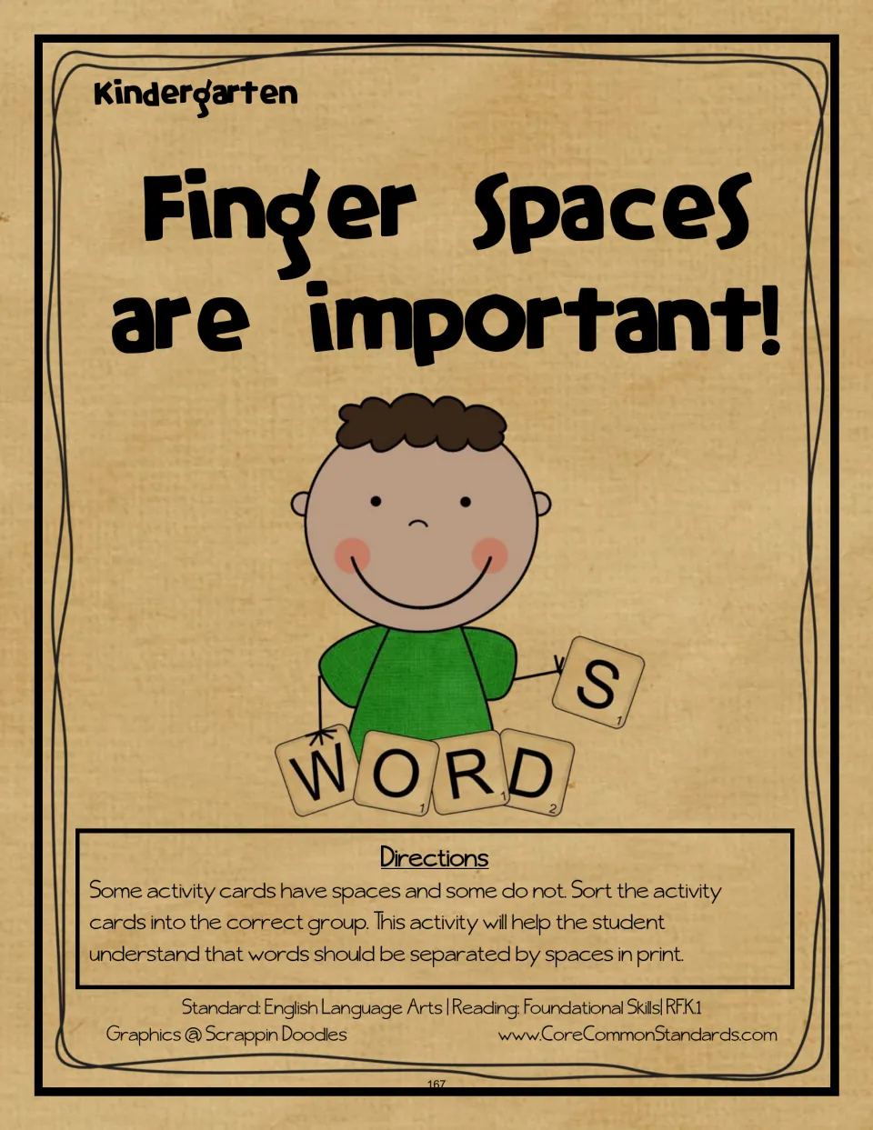 Finger Spaces are important! directions tell students to sort activity cards by whether words have spaces