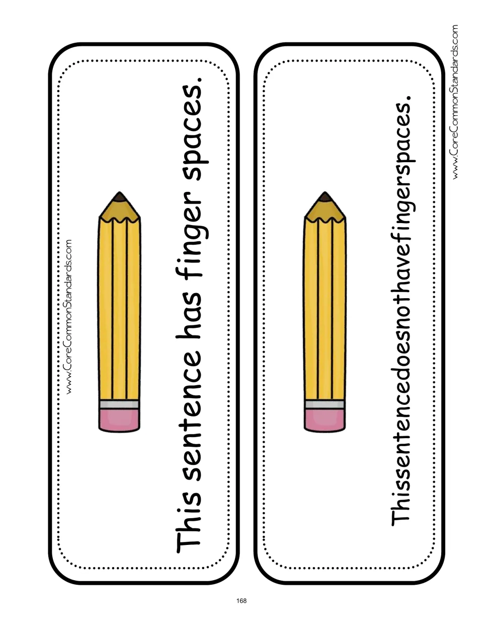 Two word-spacing sort category cards contrast 'This sentence has finger spaces.' with a sentence without spaces