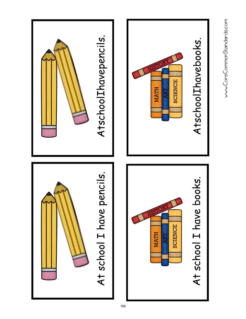 Four word-spacing sort cards pair 'At school I have pencils.' and 'At school I have books.' with unspaced versions