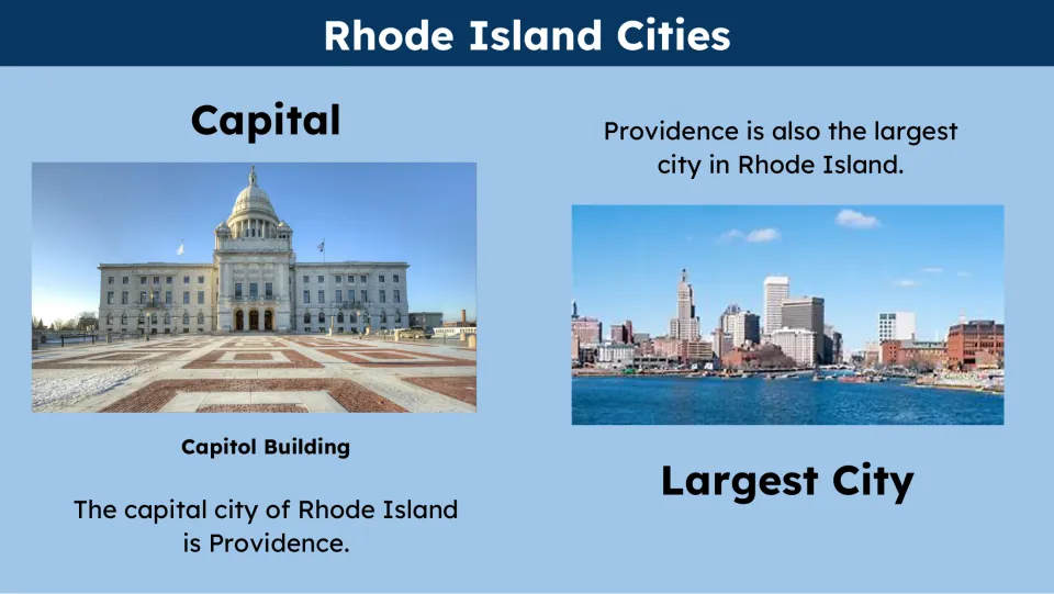 Cities slide identifying Providence as Rhode Island's capital and largest city, with capitol and skyline photos