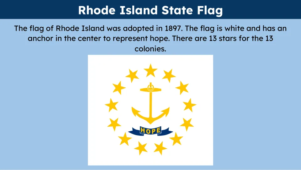 State flag slide explaining Rhode Island's 1897 flag adoption, anchor for hope, and 13 stars for the colonies