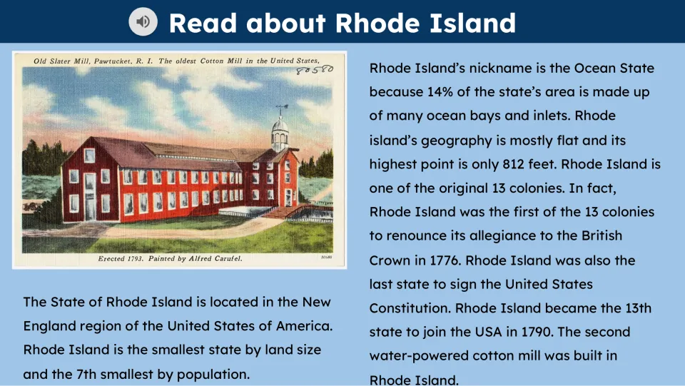 Reading passage about Rhode Island's geography, colonial history, and statehood, with an Old Slater Mill image
