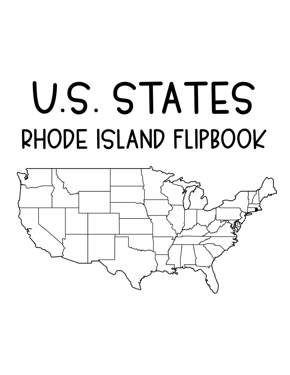Resource cover titled 'U.S. States: Rhode Island Flipbook' above a map showing the contiguous U.S. states