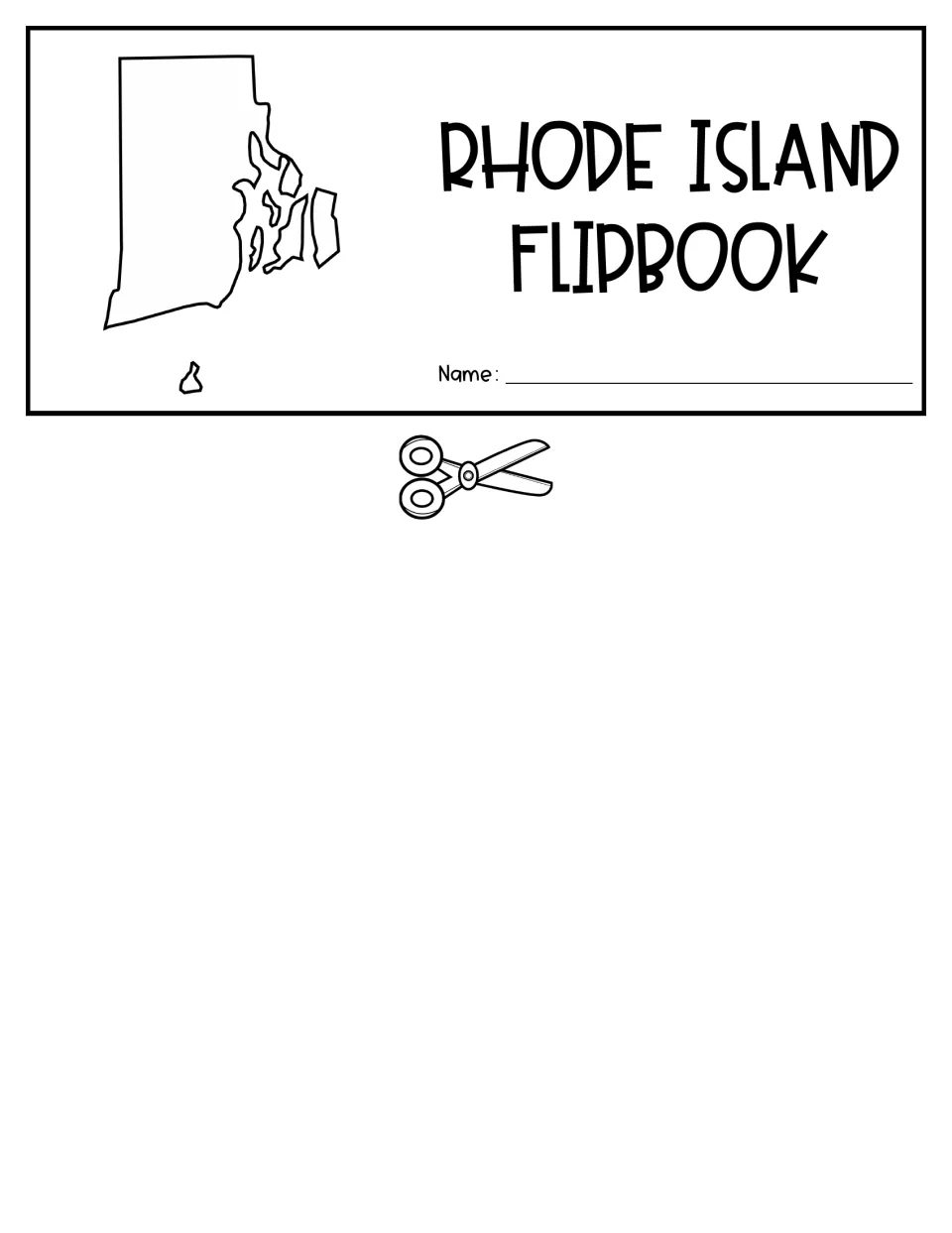Student flipbook cover featuring a Rhode Island outline map, a name prompt, and a scissors cutting cue
