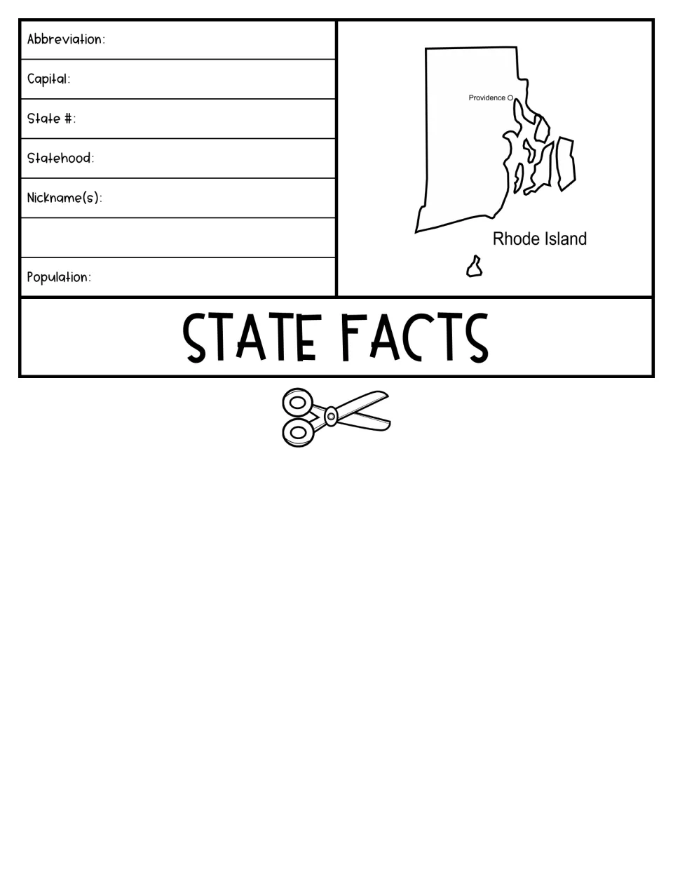 State Facts flipbook page asks for abbreviation, capital, statehood, nickname, and population beside a map