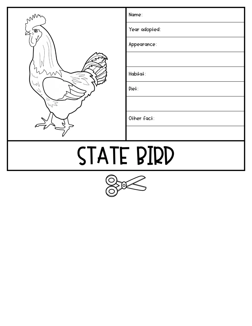 State Bird flipbook page pairs a chicken illustration with prompts for name, adoption year, habitat, and diet