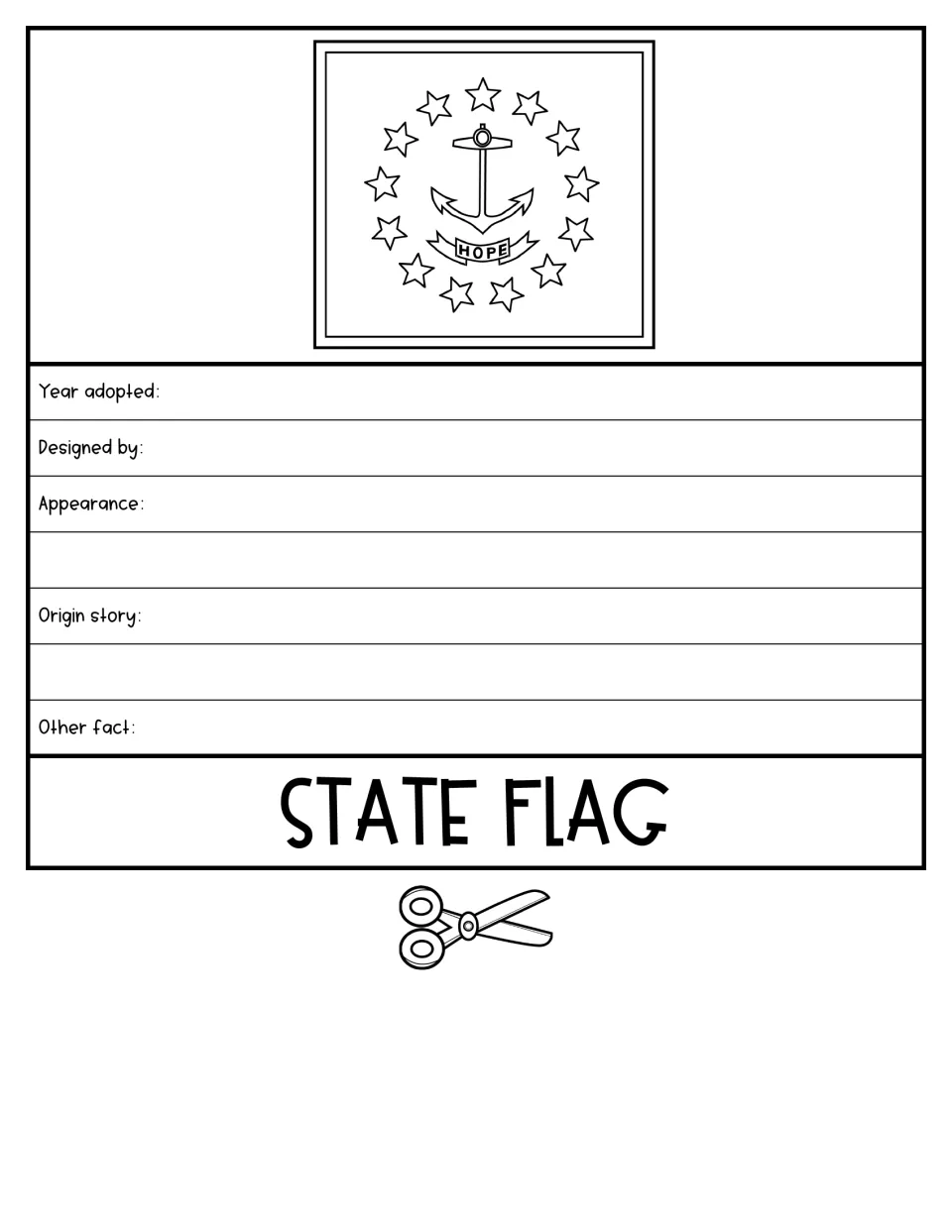 State Flag flipbook page shows the anchor-and-stars flag and asks about adoption, designer, and origin story
