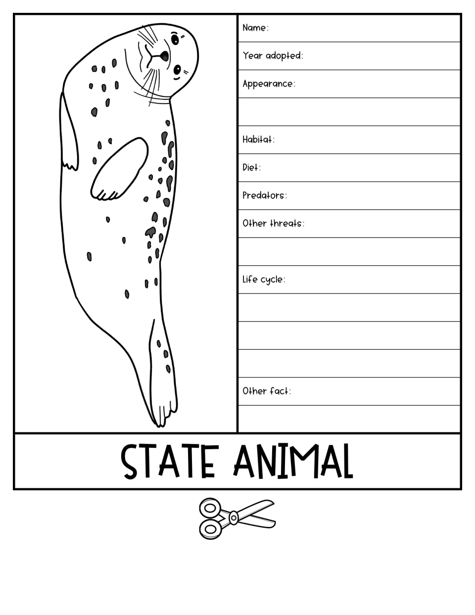 State Animal flipbook page pairs a seal illustration with prompts for habitat, diet, threats, and life cycle