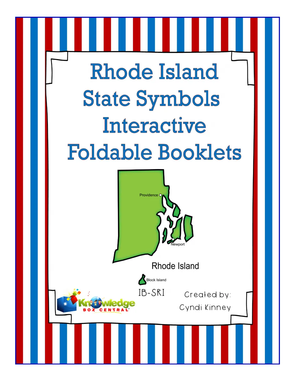 Cover of Rhode Island state symbols foldable booklets with a green state map marking Providence, Newport and Block Island