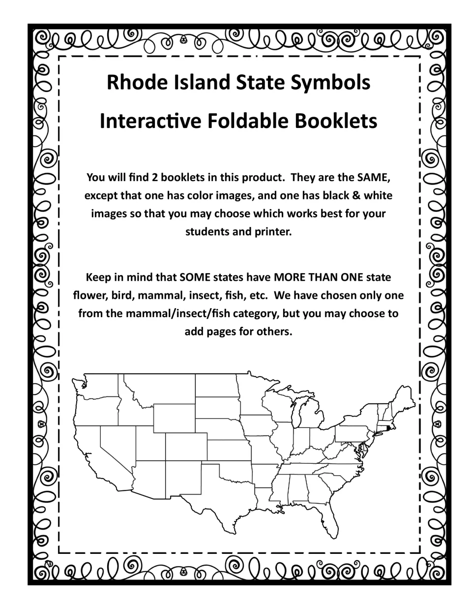 Teacher note: two identical booklets, one in color and one in black and white; US map with Rhode Island shaded