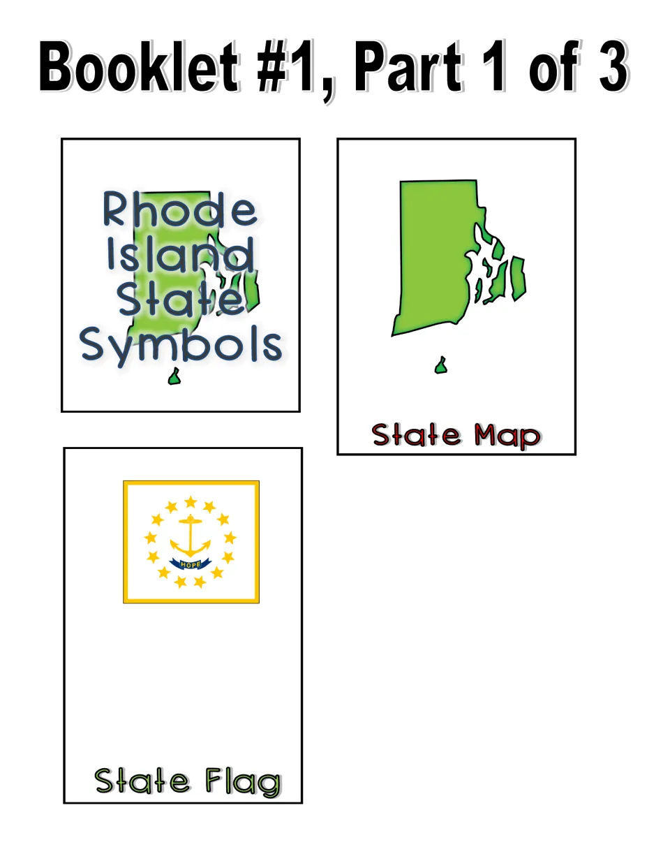 Color booklet cut-out pieces, part 1 of 3: title page, Rhode Island state map page and state flag page with gold anchor
