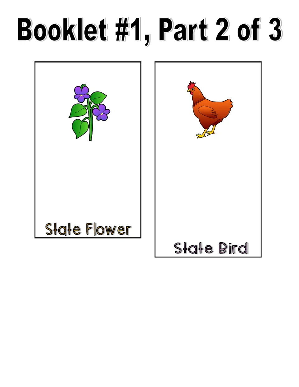 Color booklet cut-out pieces, part 2 of 3: State Flower page with purple flowers and State Bird page with a red hen