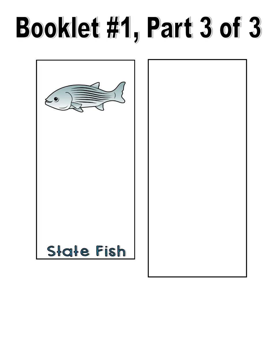 Color booklet cut-out pieces, part 3 of 3: State Fish page with a striped fish and a blank back page for any other symbol